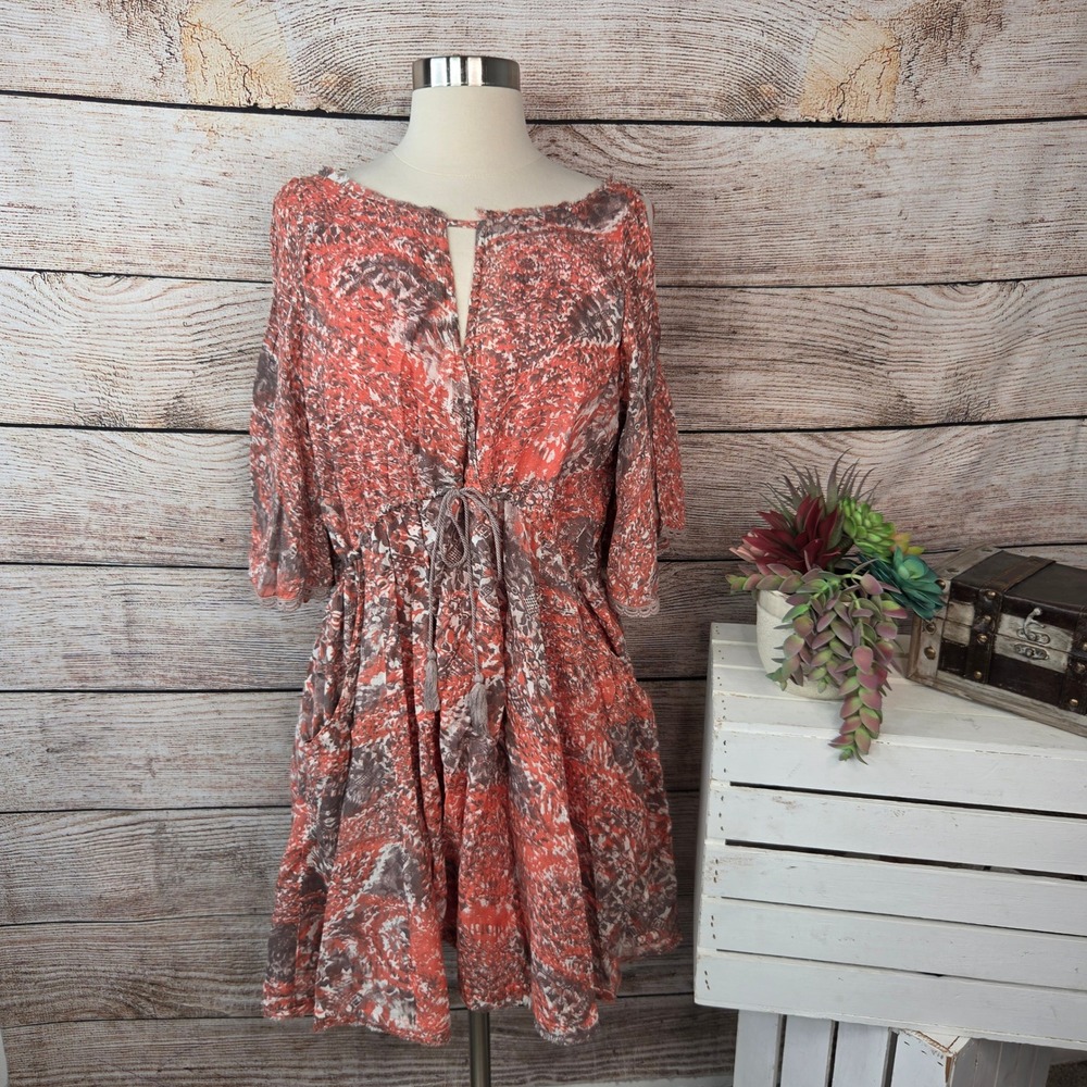 Free People Love Birds Mini Dress Size Medium Clementine Orange Gray Boho